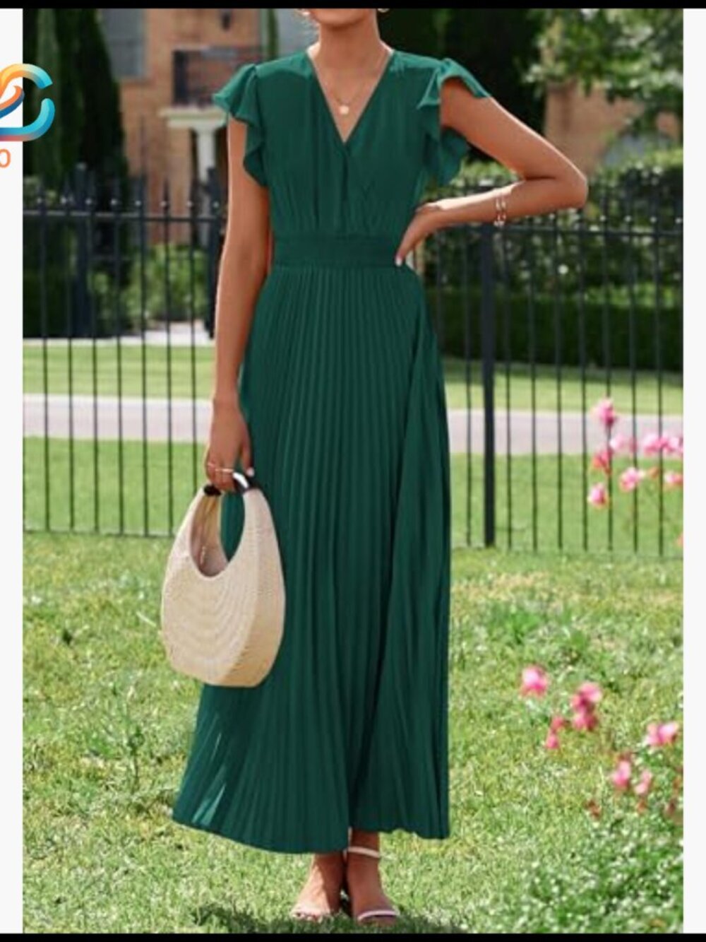 Summer Maxi Dress V Neck Ruffle Sleeves Empire Waist Pleated Flowy Formal - Picture 6 of 7